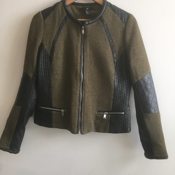 H&M Olive Green Moto Jacket with Faux Leather Trim sz 12 - Picture 2 of 7